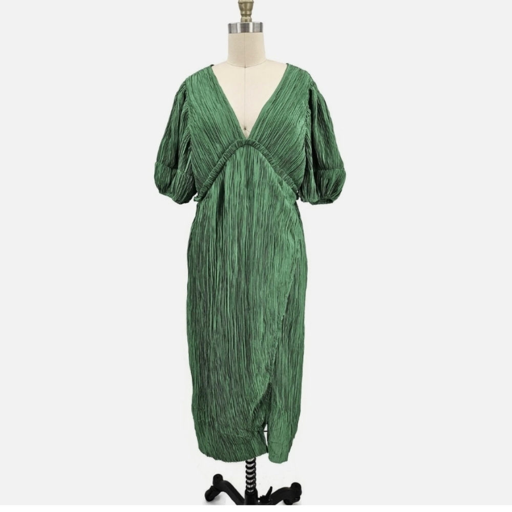 Anthropology Green Pleated V Neck Midi Dress Size Large